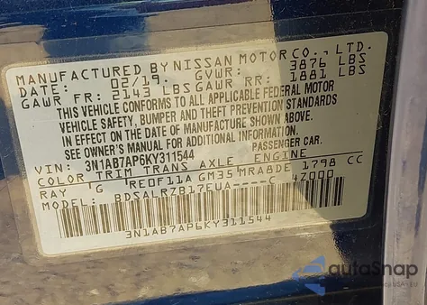 2019 Nissan Sentra Sr z USA, uszkodzony, nr VIN 3N1AB7AP6KY311544